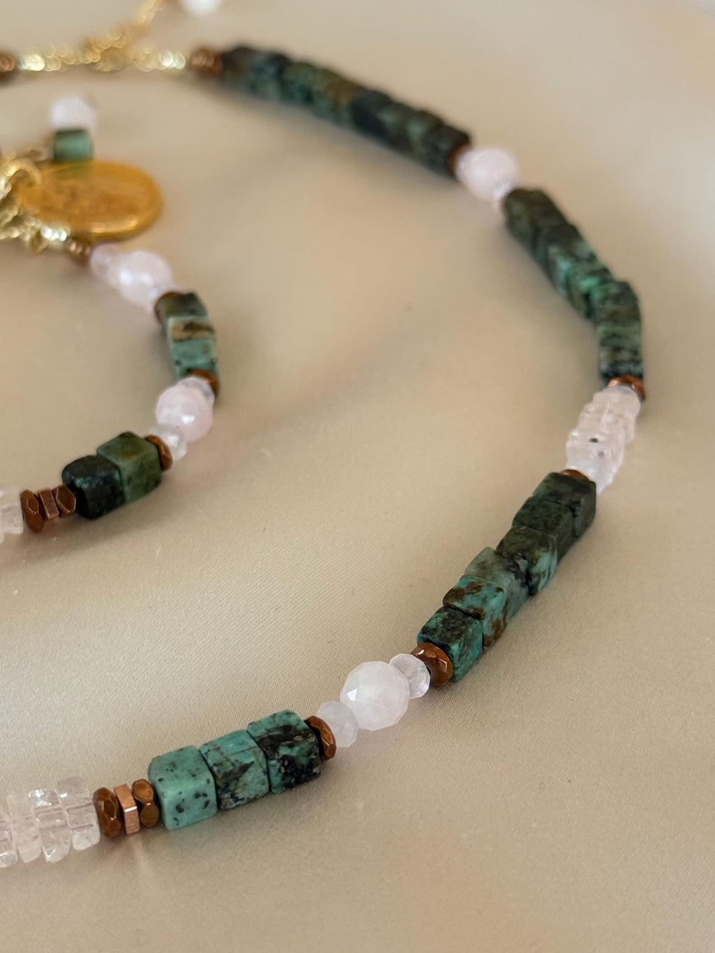 Morganite, Rose Quartz & African Turquoise Necklace | Natural Gemstone Necklace | Gold Filled Clasp | Handmade Jewelry | 45 cm