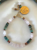 Morganite, Rose Quartz & African Turquoise Bracelet | Natural Gemstone Bracelet | Gold Filled Clasp | Handmade Jewelry | 18 cm