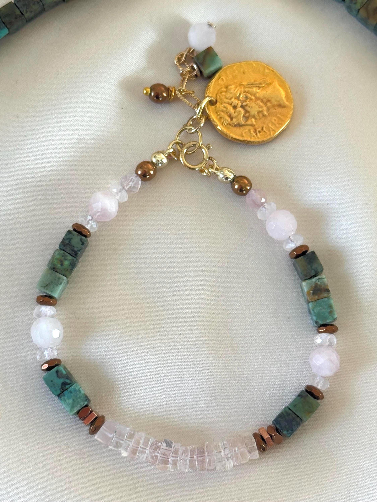 Morganite, Rose Quartz & African Turquoise Bracelet | Natural Gemstone Bracelet | Gold Filled Clasp | Handmade Jewelry | 18 cm