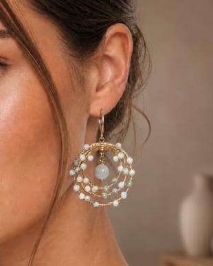 Larimar & Aquamarine Hoop Earrings | Gold Plated Statement Earrings | Handmade Blue Gemstone Jewelry