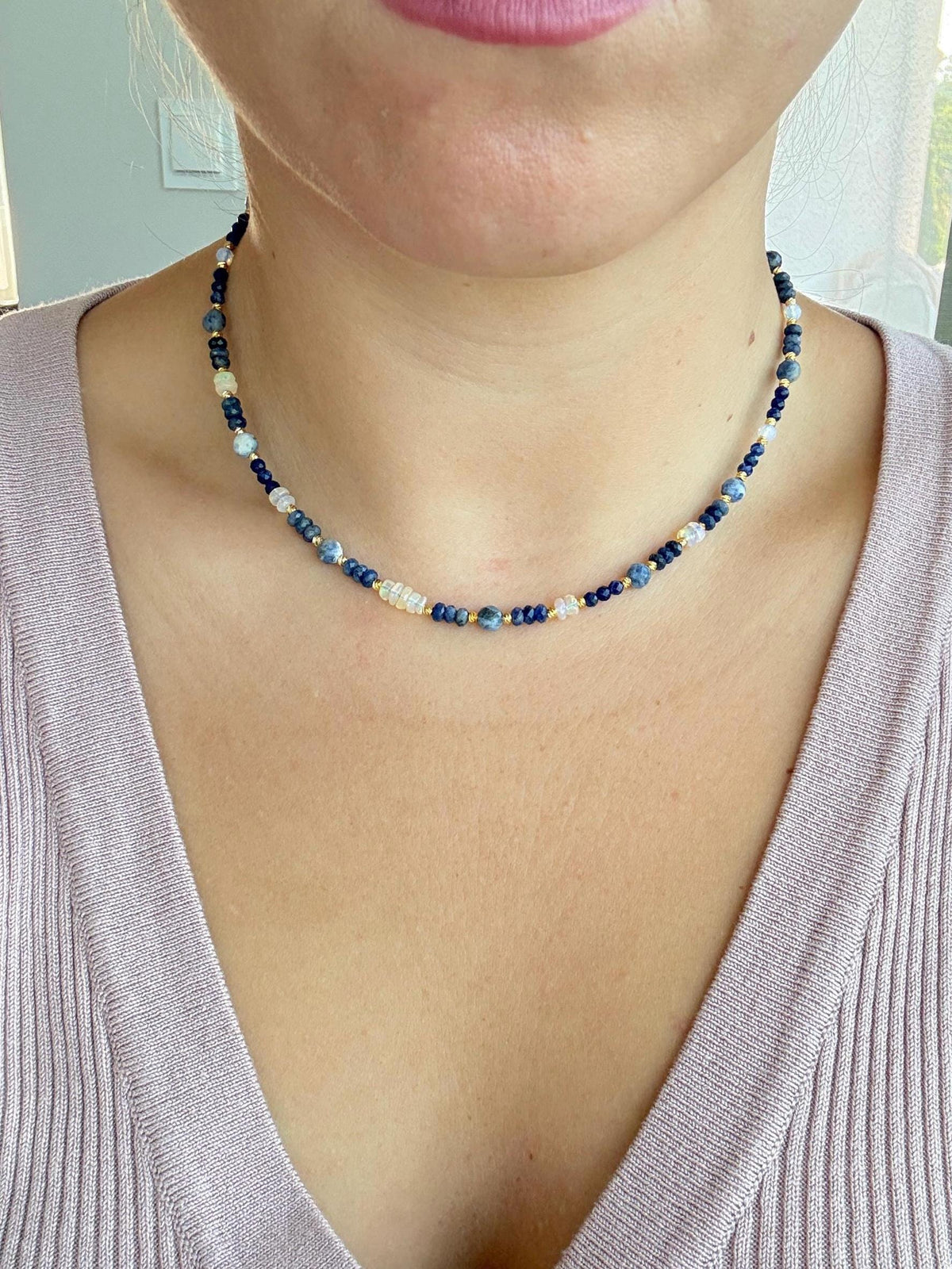 Sodalite, Ethiopian Opal, Opal & Sapphire Necklace | Natural Gemstone Necklace | Gold Filled Clasp | 41 cm