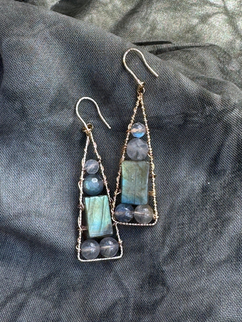 Labradorite Geometric Dangle Earrings, Gold Filled Hooks