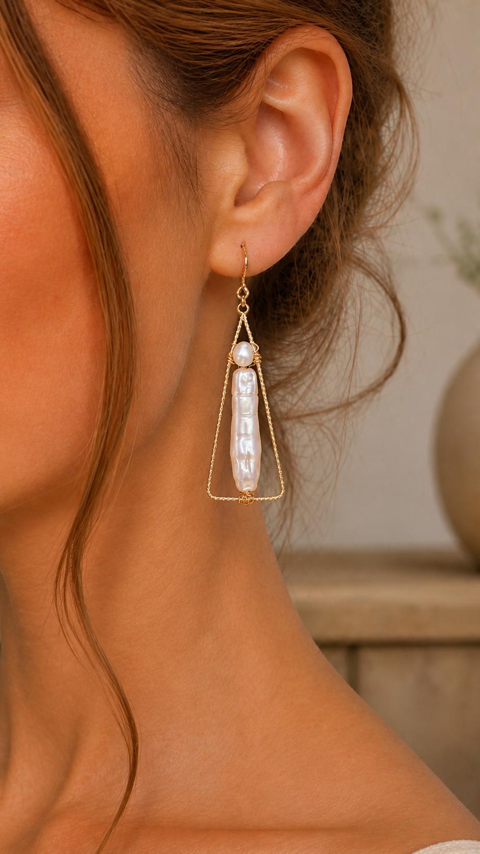 Long Baroque Pearl Geometric Earrings, Gold Filled Hooks