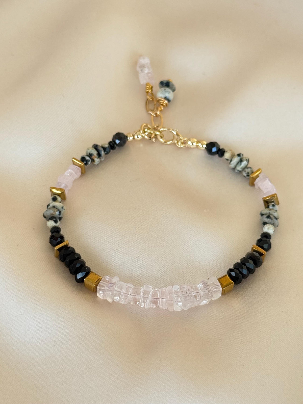 Morganite, Black Tourmaline, Dalmatian Jasper & Hematite Bracelet | Natural Gemstone Bracelet | Gold Filled Clasp | 18 cm