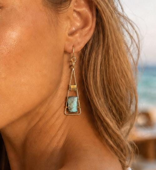 Labradorite & Hematite Geometric Dangle Earrings, Gold Filled Ear Wires