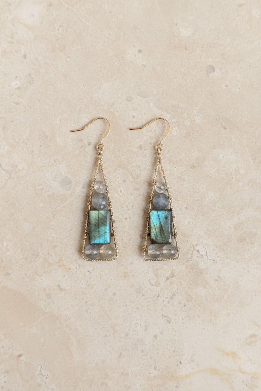 Labradorite Geometric Dangle Earrings, Gold Filled Hooks