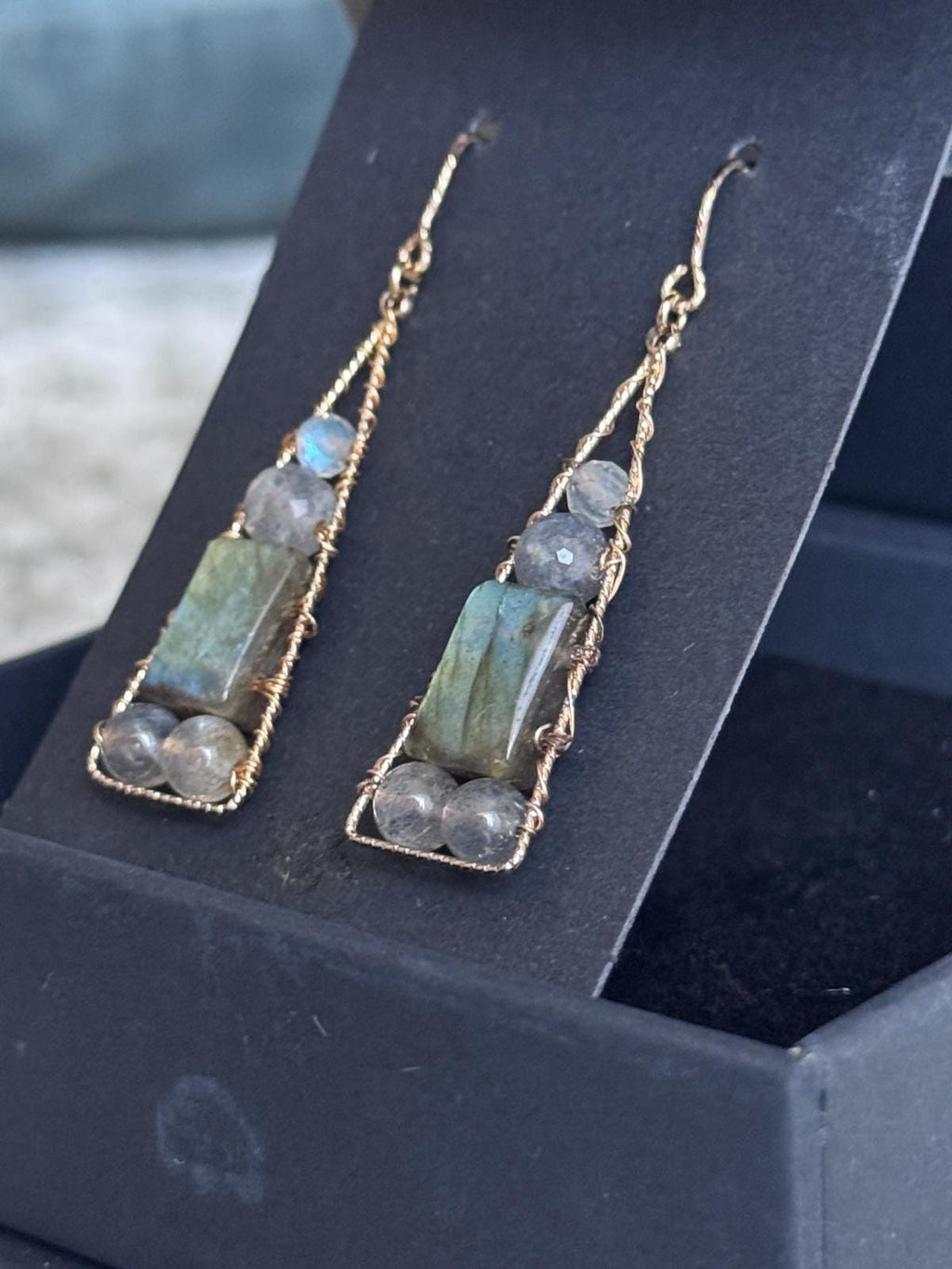 Labradorite Geometric Dangle Earrings, Gold Filled Hooks