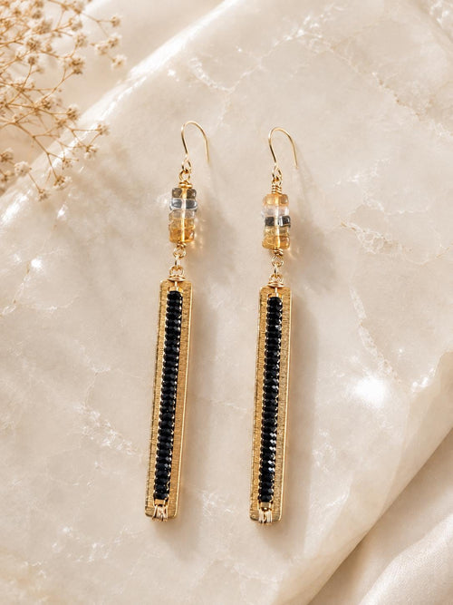 Black Tourmaline & Citrine Long Dangle Earrings, Gold Filled Hooks