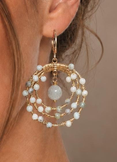 Larimar & Aquamarine Hoop Earrings | Gold Plated Statement Earrings | Handmade Blue Gemstone Jewelry
