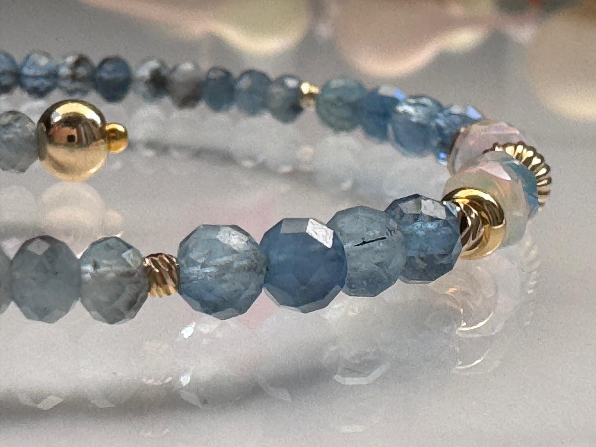 Natural Aquamarine and Ethiopian Opal Bracelet, Gold Filled Gemstone Bracelet, Blue Stone Jewelry, Adjustable Gift for Her