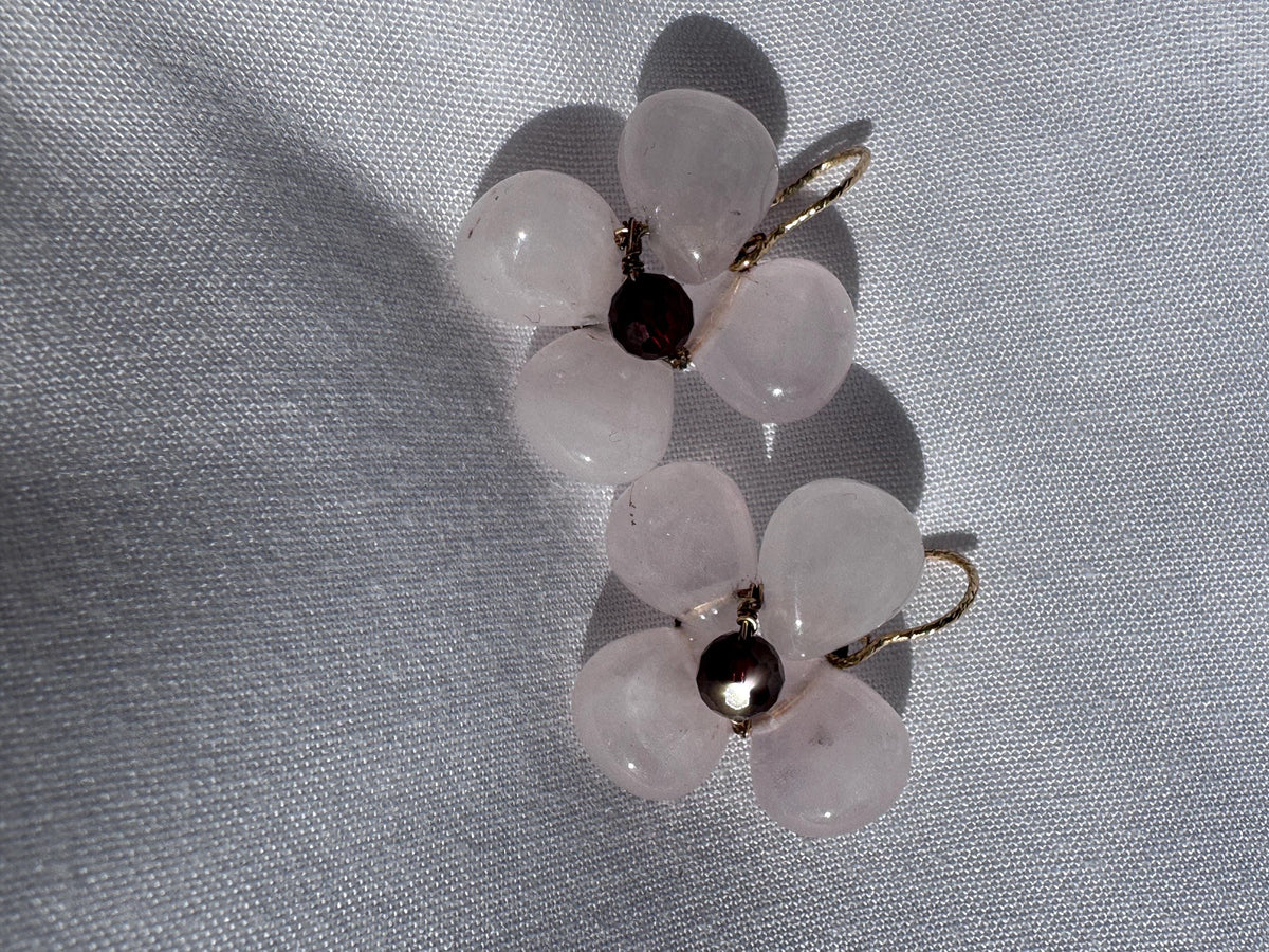 Rose Quartz Flower Earrings | Brazilian Garnet Earrings | Gold Filled Hooks | Handmade Pink Gemstone Jewelry