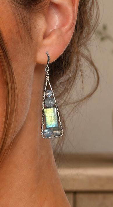 Labradorite Geometric Dangle Earrings, Gold Filled Hooks