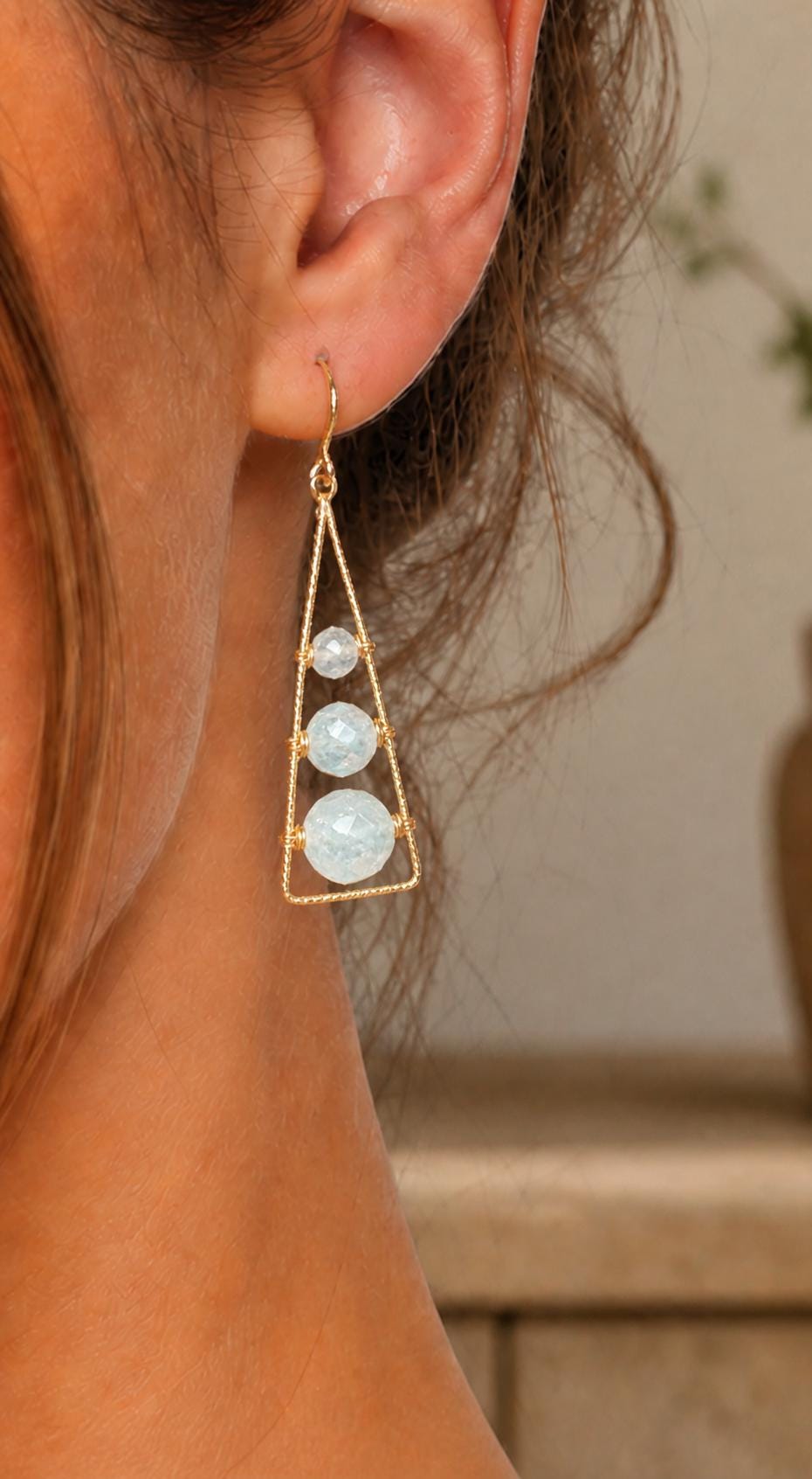 Aquamarine Geometric Dangle Earrings, Gold Filled Hooks