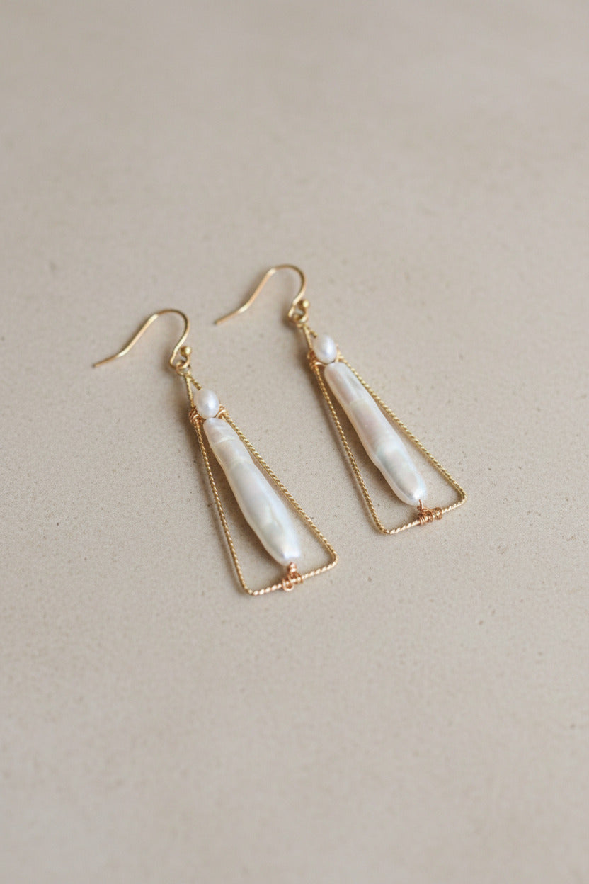 Long Baroque Pearl Geometric Earrings, Gold Filled Hooks