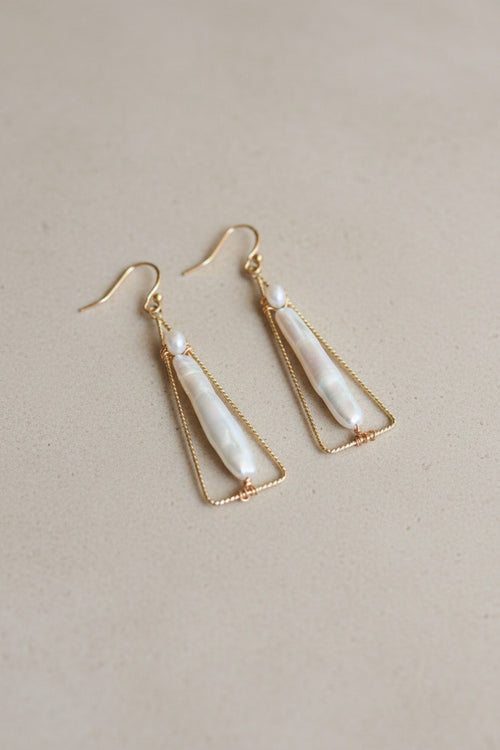 Long Baroque Pearl Geometric Earrings, Gold Filled Hooks