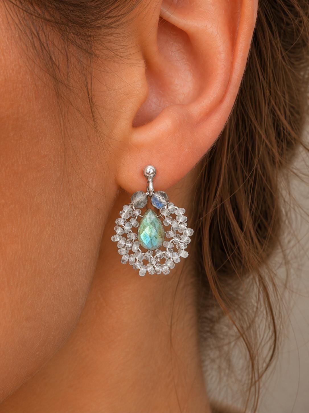 Blue Flash Labradorite Cluster Stud Earrings, Sterling Silver Posts