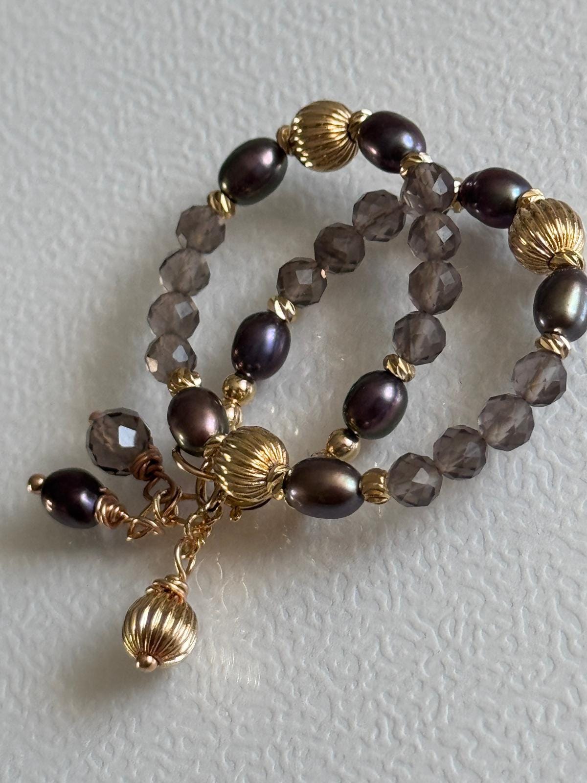 Smoky Quartz and Blue Grey Pearl Bracelet, 14K Gold Filled Jewelry, Dainty Handmade Gemstone Bracelet