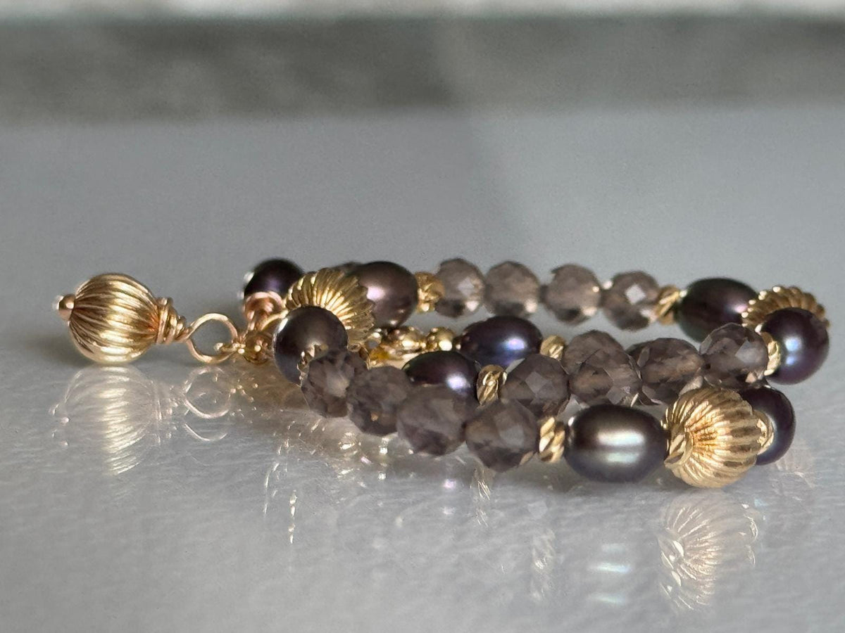 Smoky Quartz and Blue Grey Pearl Bracelet, 14K Gold Filled Jewelry, Dainty Handmade Gemstone Bracelet