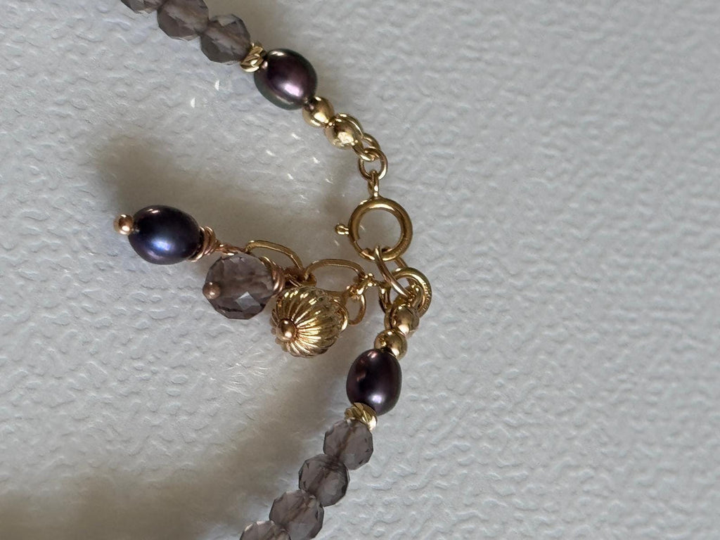 Smoky Quartz and Blue Grey Pearl Bracelet, 14K Gold Filled Jewelry, Dainty Handmade Gemstone Bracelet