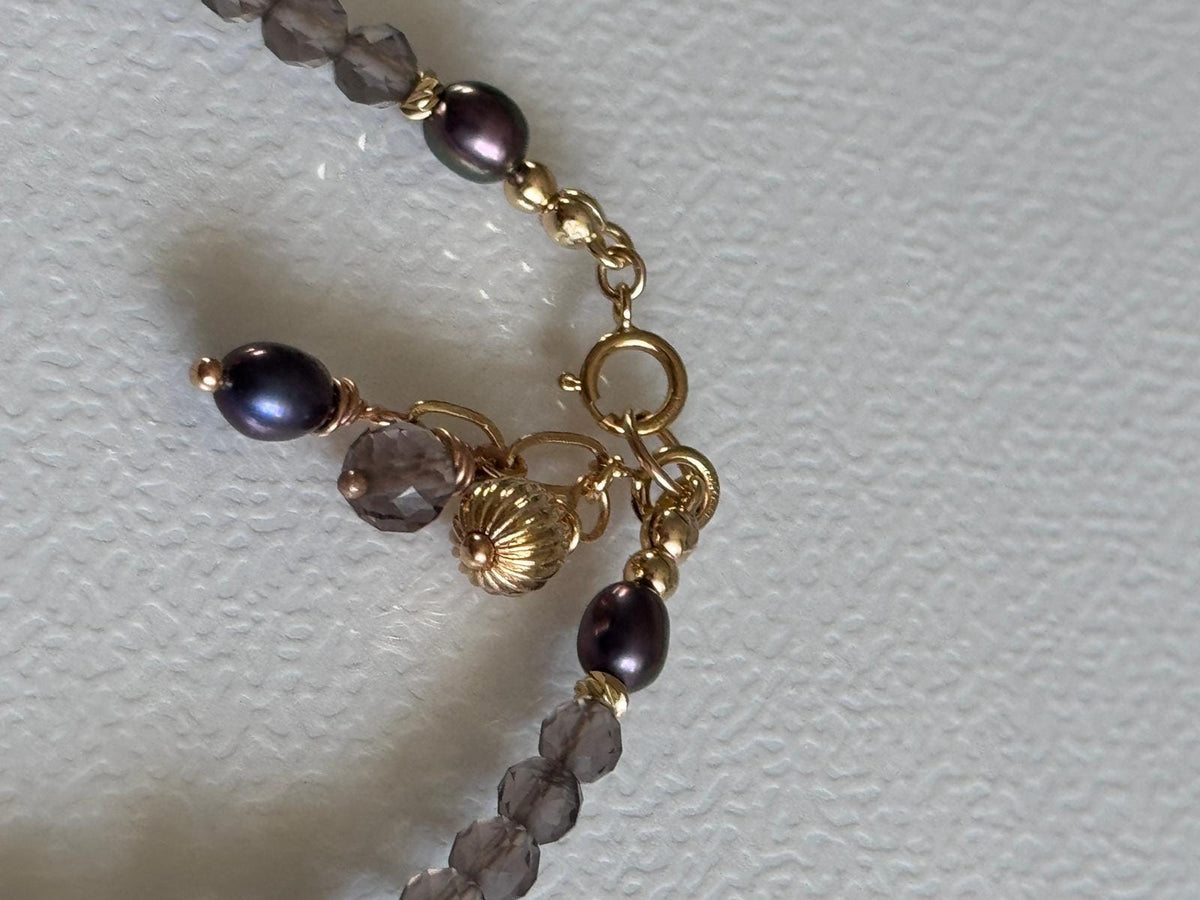 Smoky Quartz and Blue Grey Pearl Bracelet, 14K Gold Filled Jewelry, Dainty Handmade Gemstone Bracelet