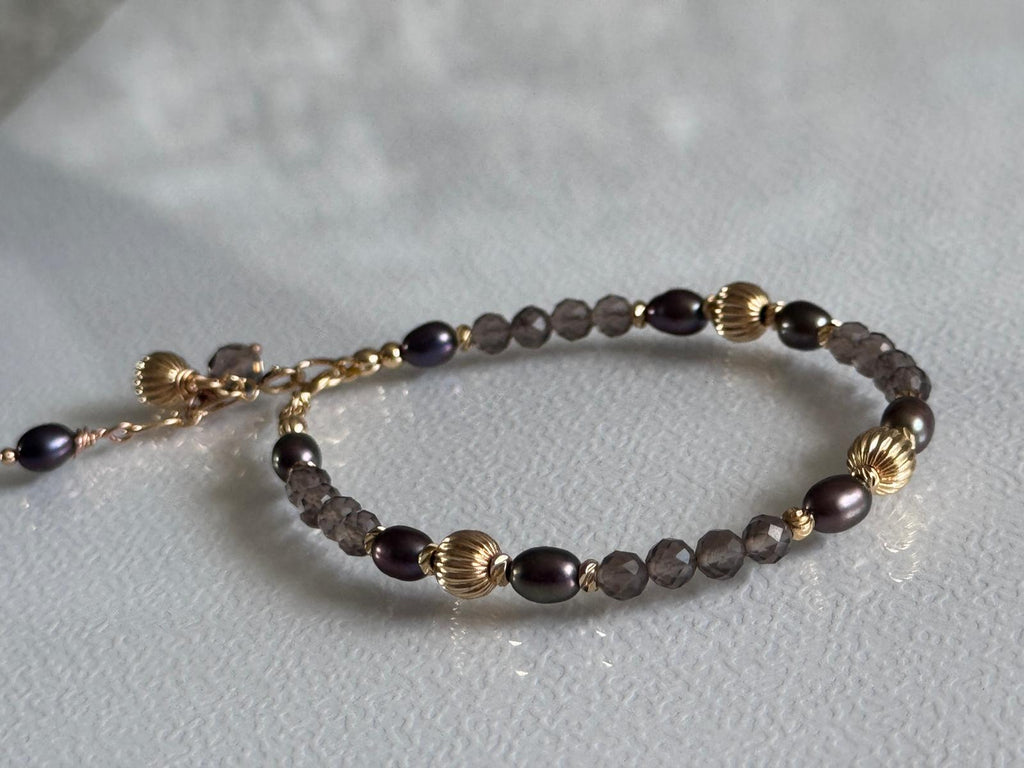 Smoky Quartz and Blue Grey Pearl Bracelet, 14K Gold Filled Jewelry, Dainty Handmade Gemstone Bracelet