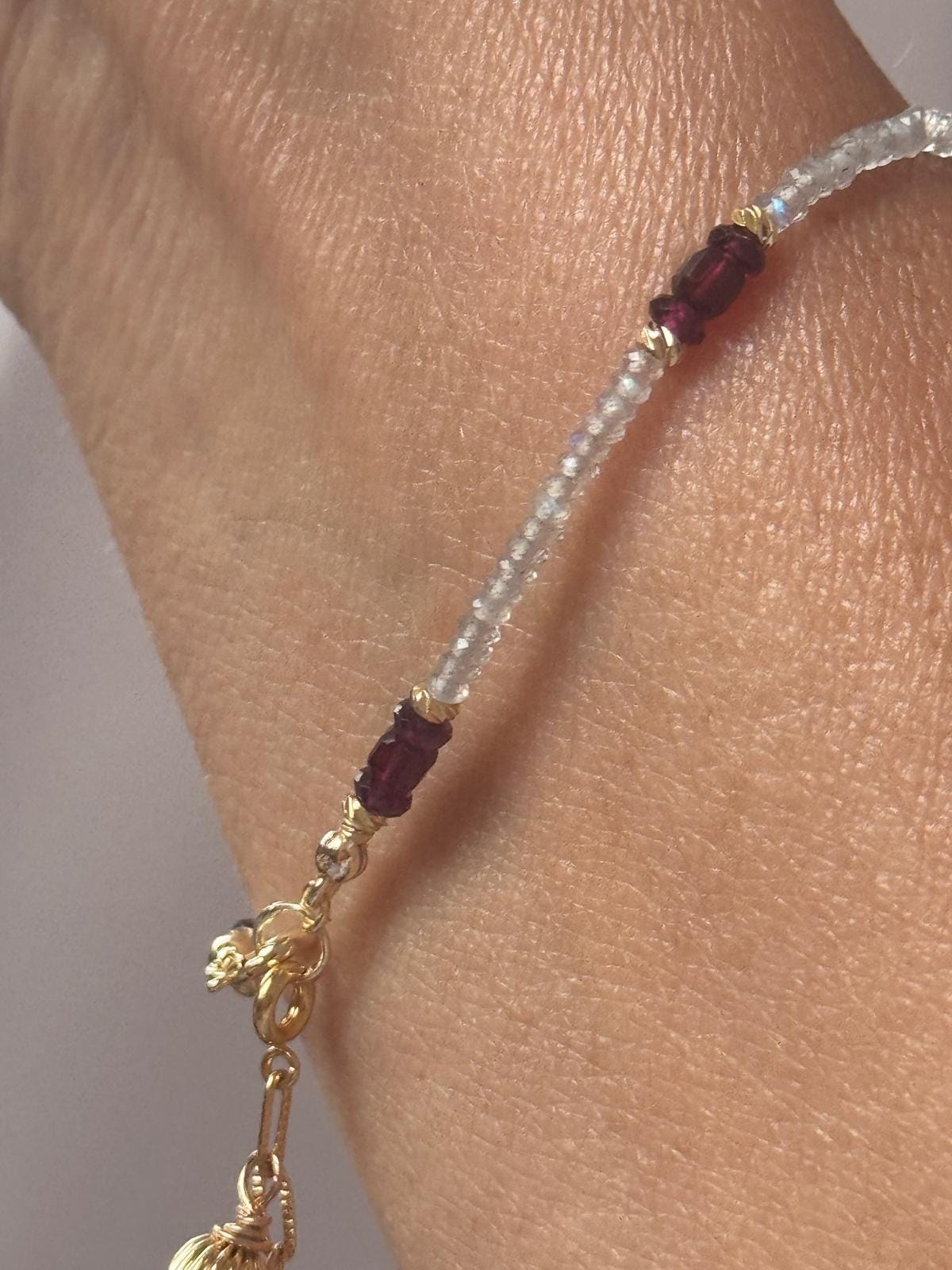 Garnet and Labradorite Bracelet, Dainty Gold Filled Gemstone Bracelet, Handmade Natural Stone Jewelry