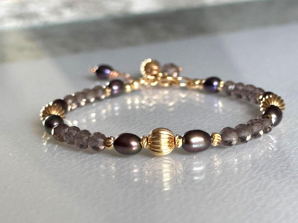 Smoky Quartz and Blue Grey Pearl Bracelet, 14K Gold Filled Jewelry, Dainty Handmade Gemstone Bracelet
