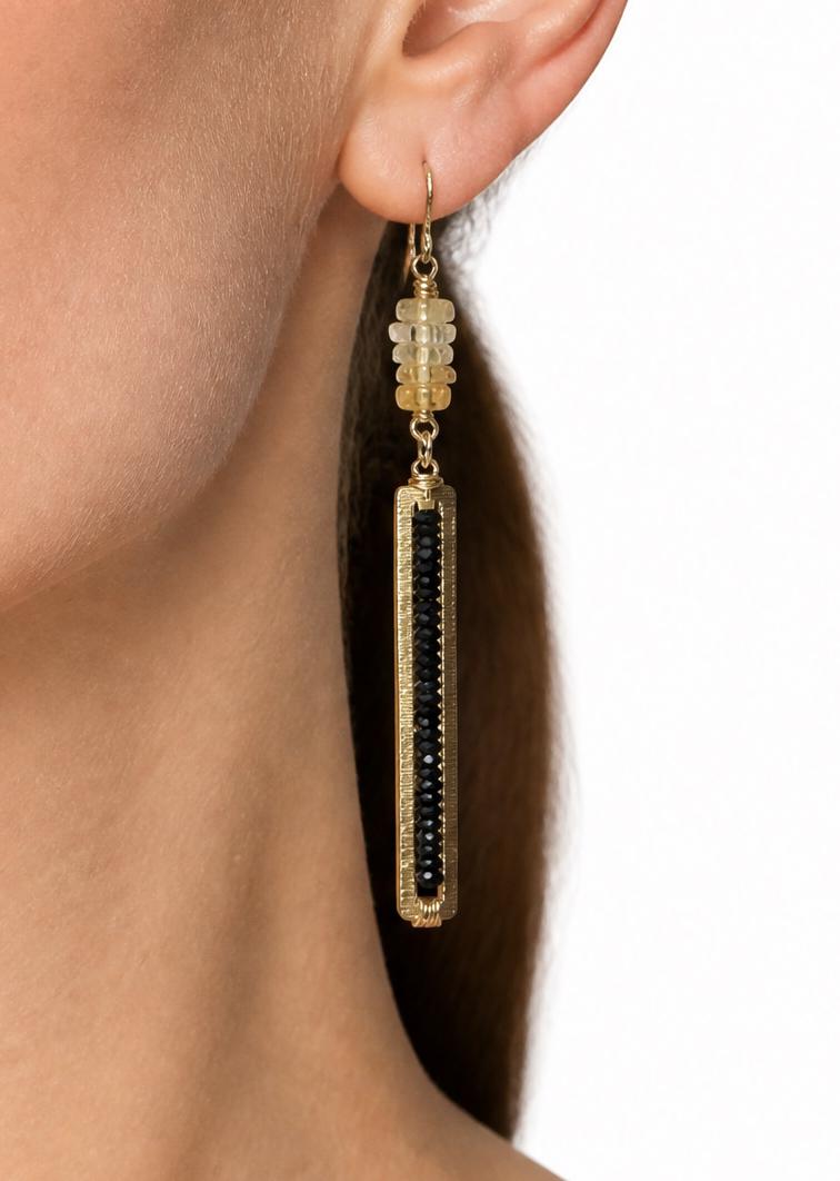 Black Tourmaline & Citrine Long Dangle Earrings, Gold Filled Hooks