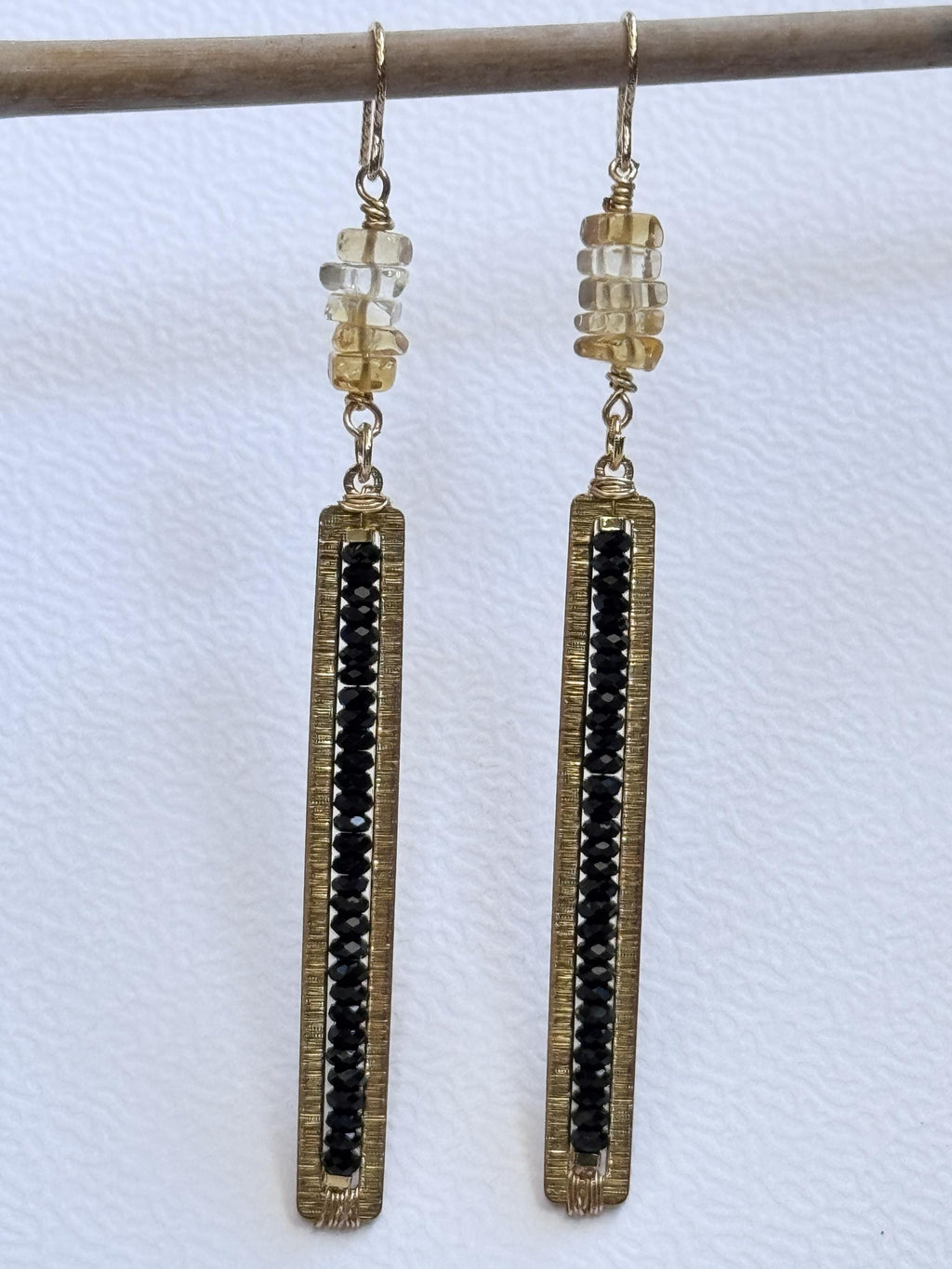 Black Tourmaline & Citrine Long Dangle Earrings, Gold Filled Hooks