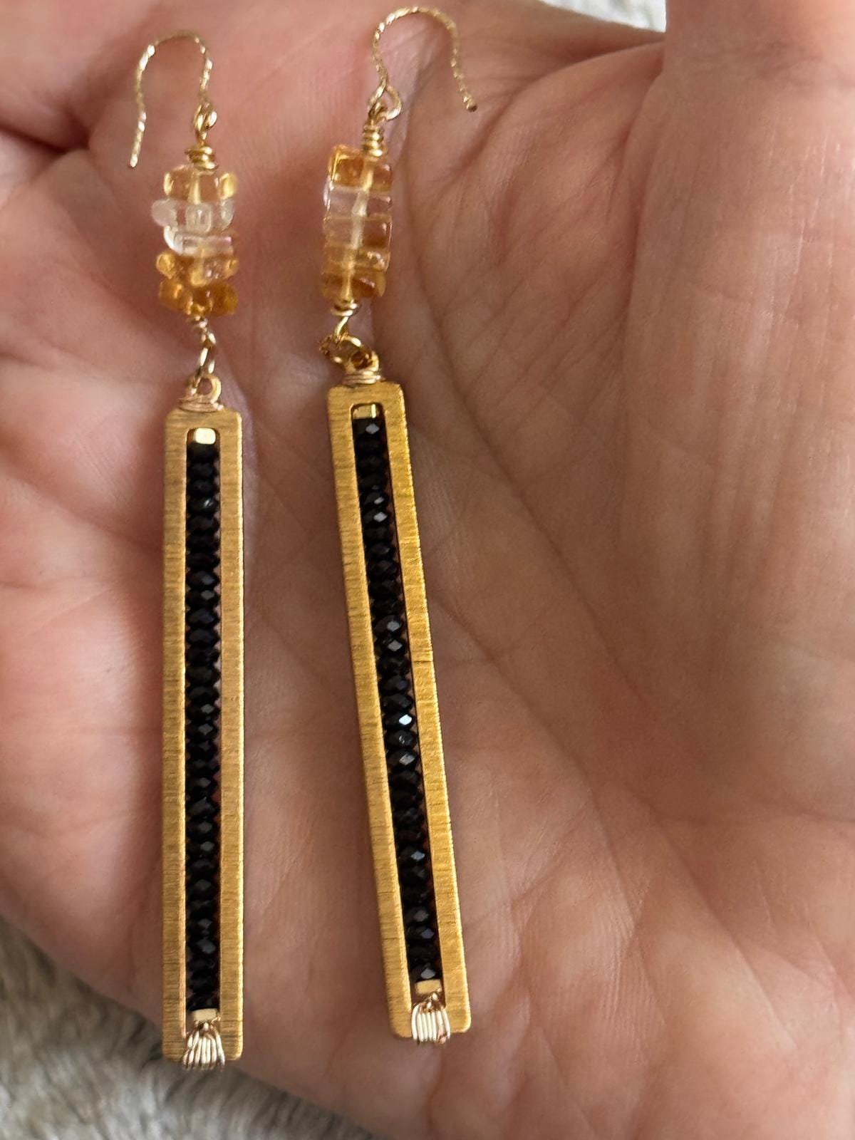 Black Tourmaline & Citrine Long Dangle Earrings, Gold Filled Hooks