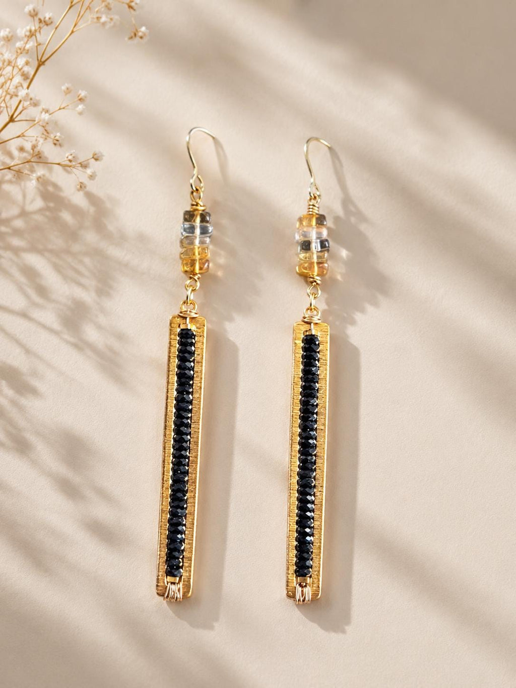 Black Tourmaline & Citrine Long Dangle Earrings, Gold Filled Hooks