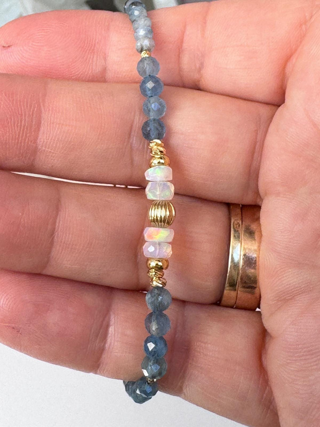 Natural Aquamarine and Ethiopian Opal Bracelet, Gold Filled Gemstone Bracelet, Blue Stone Jewelry, Adjustable Gift for Her