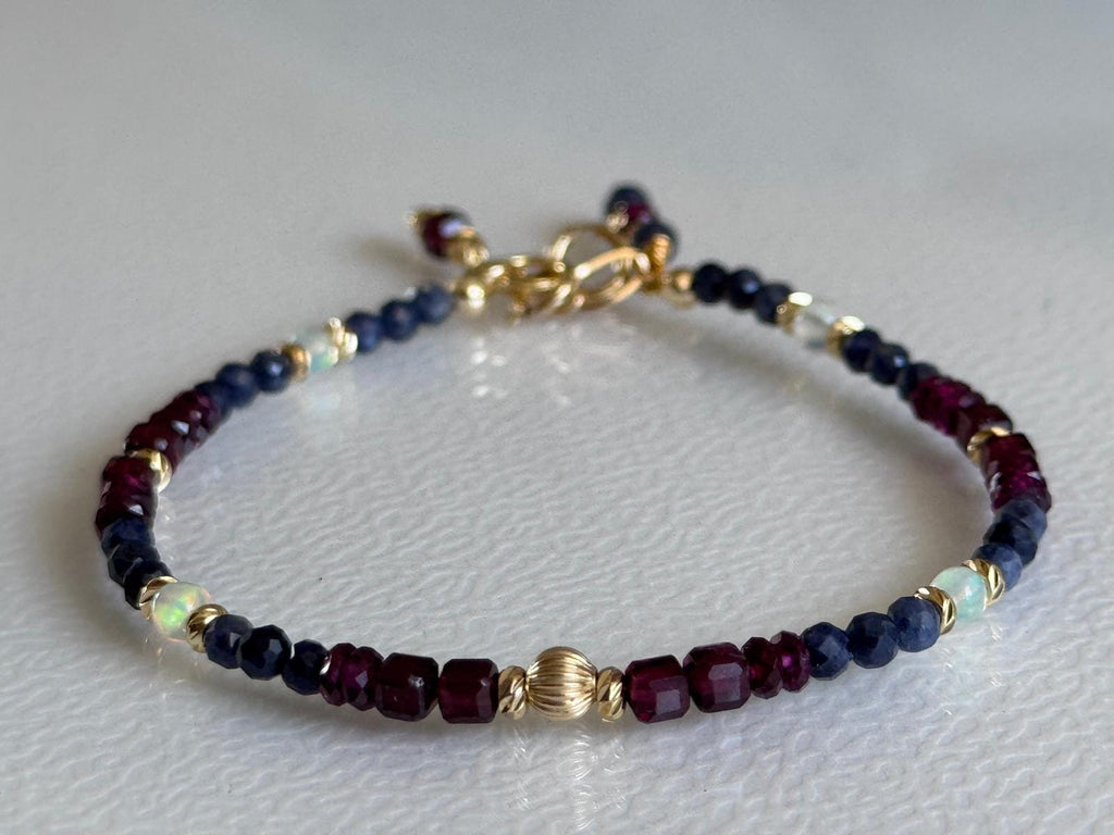 Sapphire Garnet Ethiopian Opal Bracelet, Gold Filled Gemstone Bracelet, Dainty Birthstone Jewelry, Handmade Gift for Her