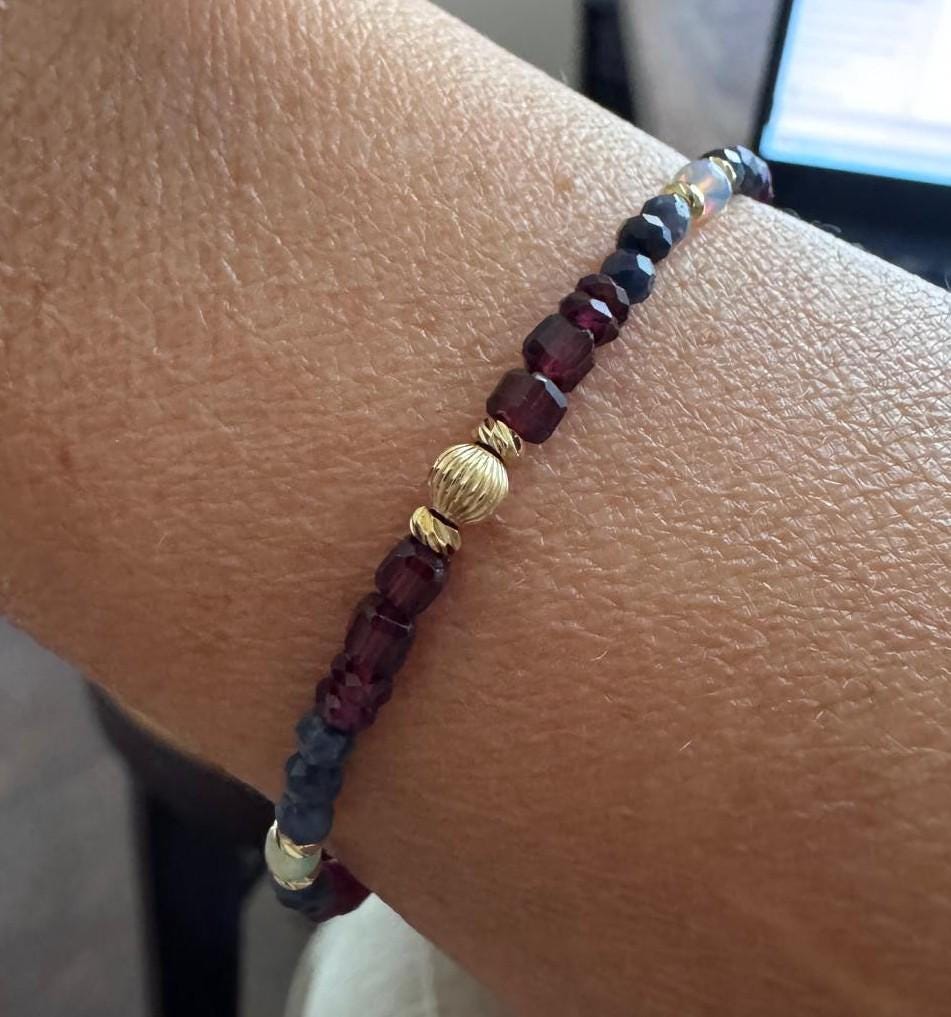 Sapphire Garnet Ethiopian Opal Bracelet, Gold Filled Gemstone Bracelet, Dainty Birthstone Jewelry, Handmade Gift for Her