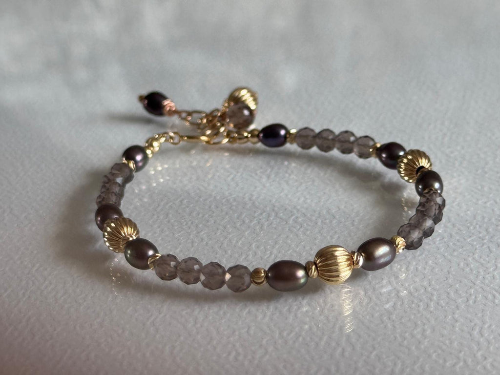 Smoky Quartz and Blue Grey Pearl Bracelet, 14K Gold Filled Jewelry, Dainty Handmade Gemstone Bracelet