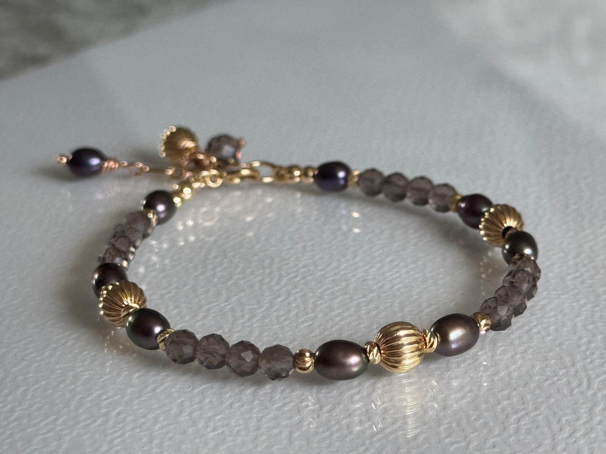 Smoky Quartz and Blue Grey Pearl Bracelet, 14K Gold Filled Jewelry, Dainty Handmade Gemstone Bracelet