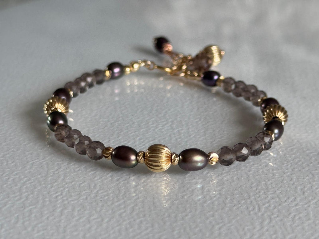 Smoky Quartz and Blue Grey Pearl Bracelet, 14K Gold Filled Jewelry, Dainty Handmade Gemstone Bracelet