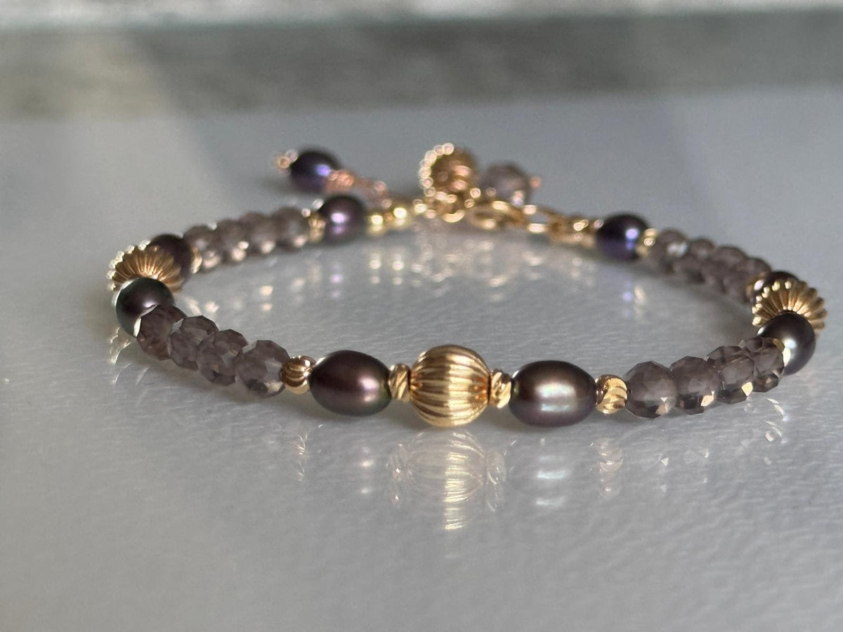 Smoky Quartz and Blue Grey Pearl Bracelet, 14K Gold Filled Jewelry, Dainty Handmade Gemstone Bracelet