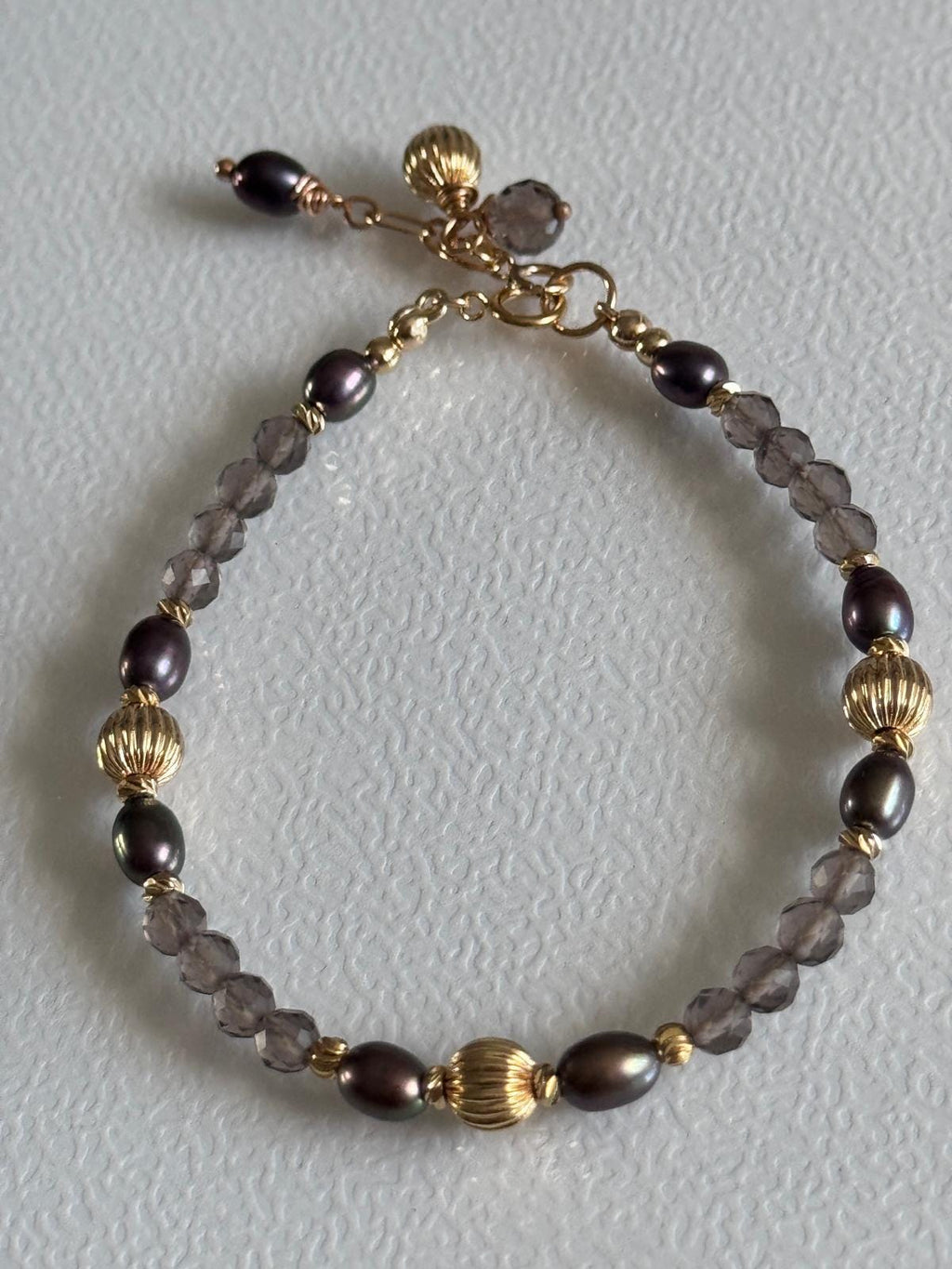 Smoky Quartz and Blue Grey Pearl Bracelet, 14K Gold Filled Jewelry, Dainty Handmade Gemstone Bracelet
