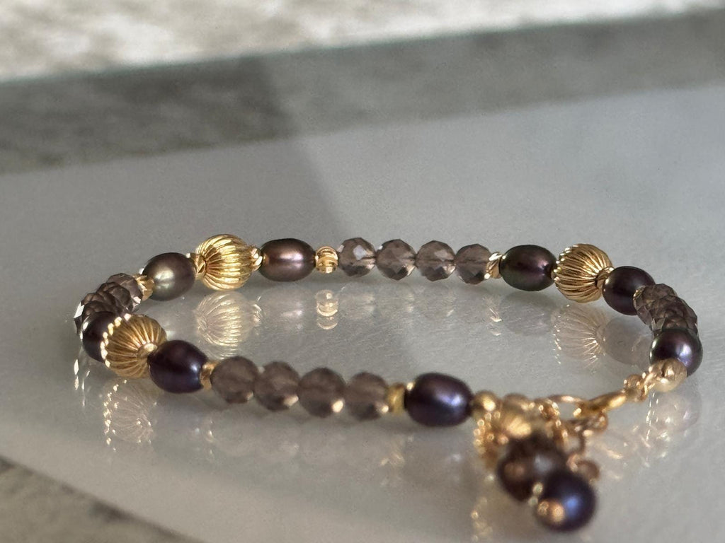 Smoky Quartz and Blue Grey Pearl Bracelet, 14K Gold Filled Jewelry, Dainty Handmade Gemstone Bracelet