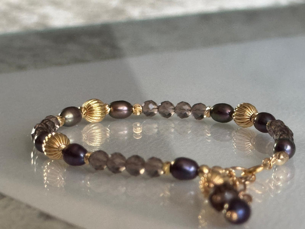 Smoky Quartz and Blue Grey Pearl Bracelet, 14K Gold Filled Jewelry, Dainty Handmade Gemstone Bracelet