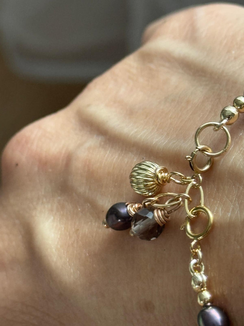 Smoky Quartz and Blue Grey Pearl Bracelet, 14K Gold Filled Jewelry, Dainty Handmade Gemstone Bracelet