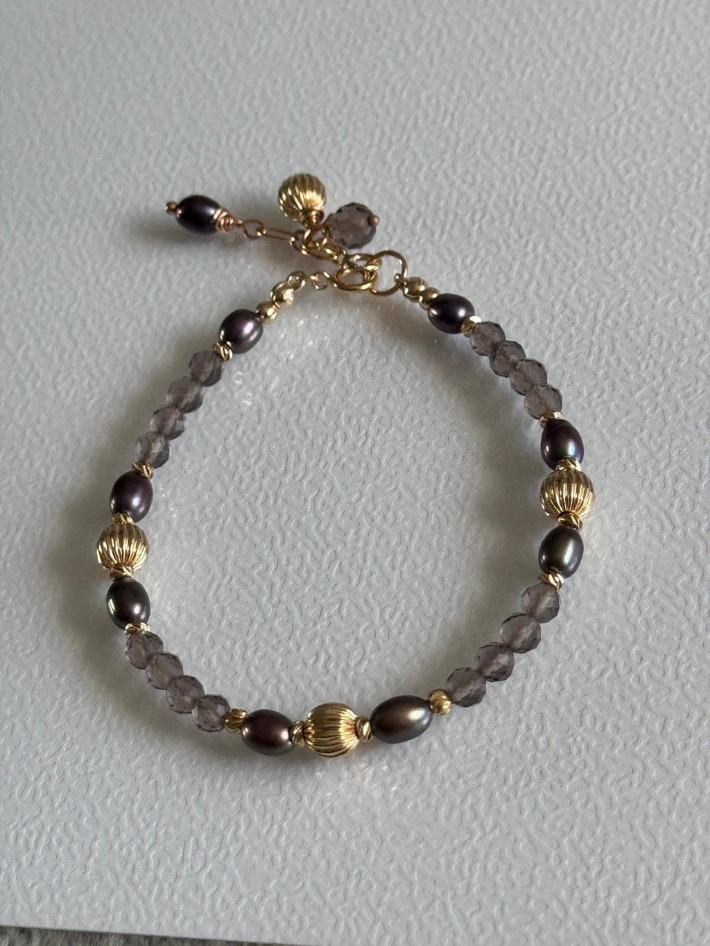 Smoky Quartz and Blue Grey Pearl Bracelet, 14K Gold Filled Jewelry, Dainty Handmade Gemstone Bracelet